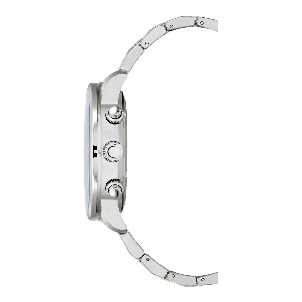 Seitenansicht einer silbernen Armbanduhr mit Metallband und drei Knöpfen.