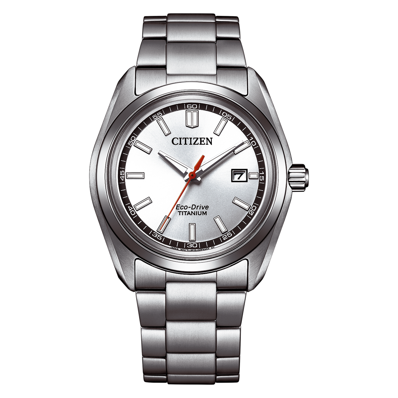 Eine silberne Citizen Eco-Drive Titanuhr mit weißem Zifferblatt.