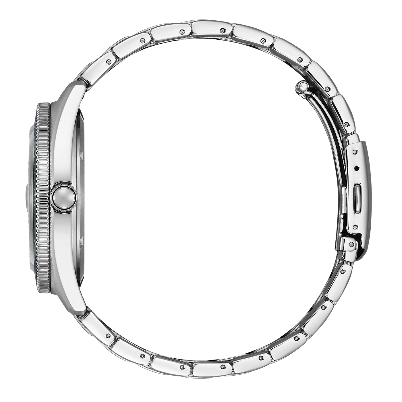 Seitenansicht einer silbernen Uhr mit Metallarmband.