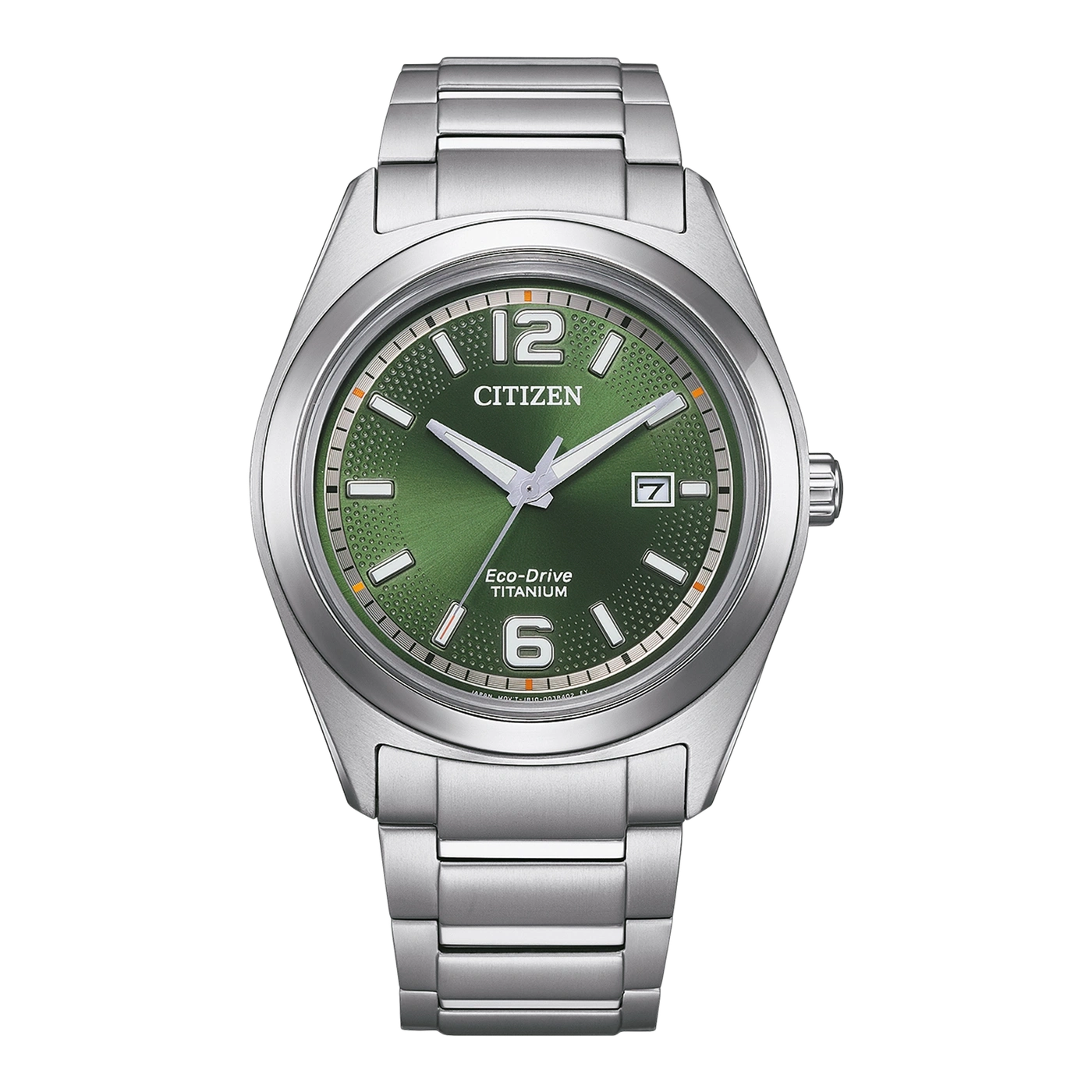 Citizen Eco-Drive Titanuhr mit grünem Zifferblatt und silbernem Armband.