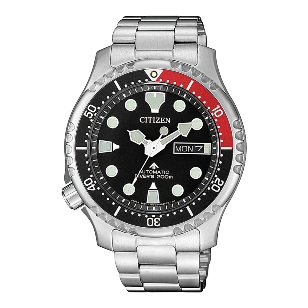 Citizen-Uhr mit schwarzem Zifferblatt, roter Lünette und Edelstahlarmband.