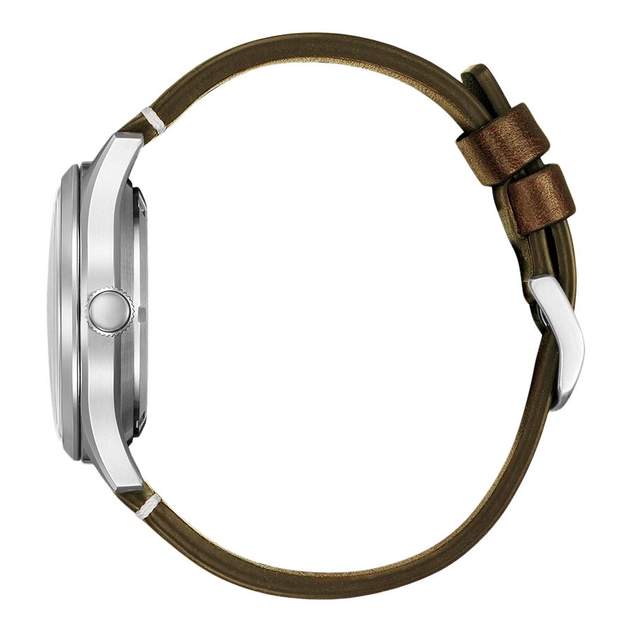 Seitenansicht einer silbernen Uhr mit braunem Lederarmband.