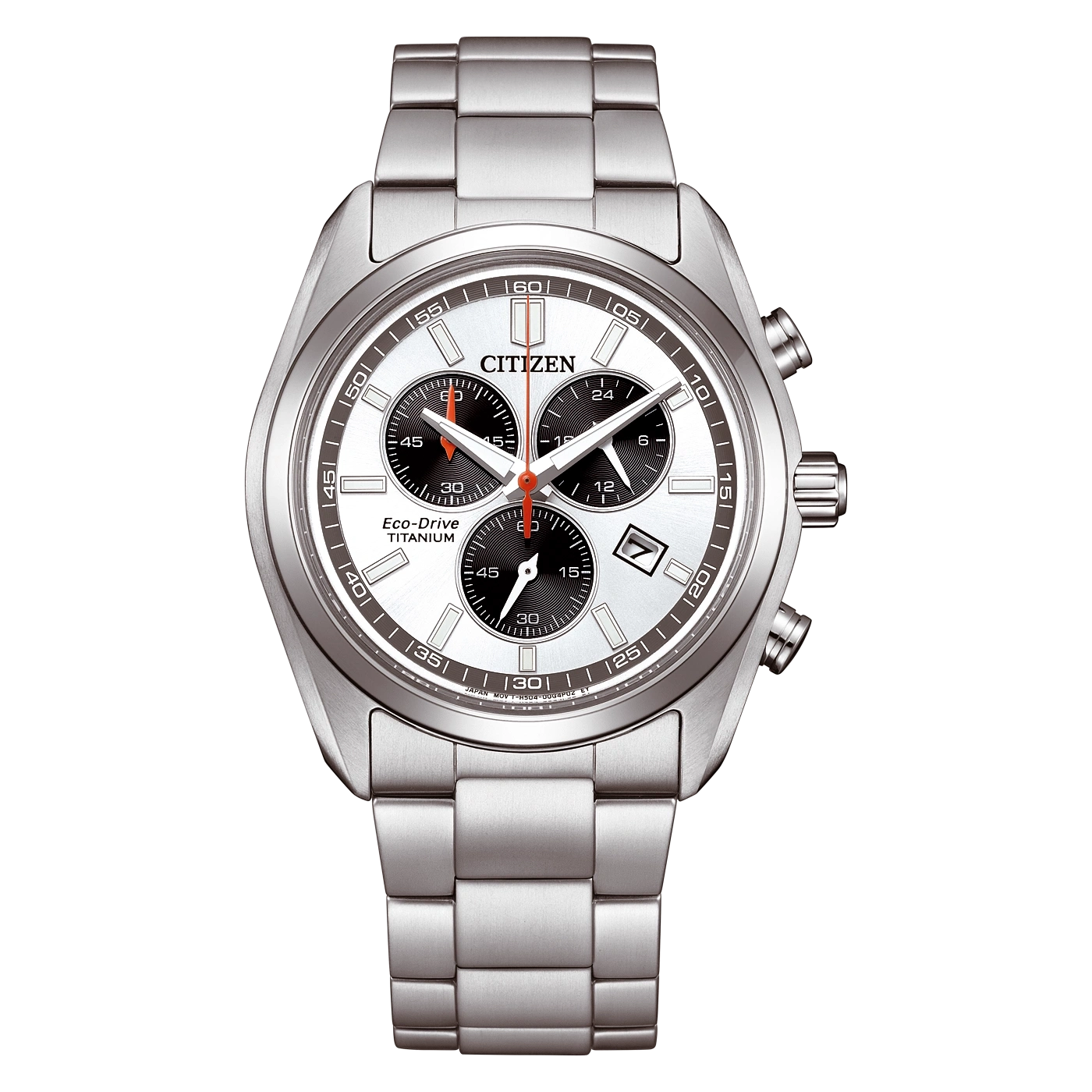 Eine silberne Citizen Eco-Drive Titanium Chronographenuhr auf weißem Hintergrund.