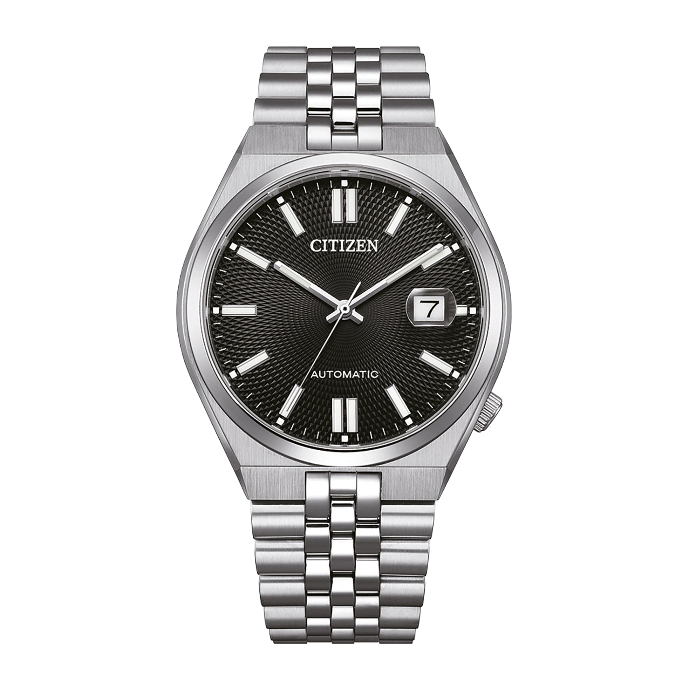 Citizen Automatik-Uhr mit schwarzem Zifferblatt und silbernem Armband.