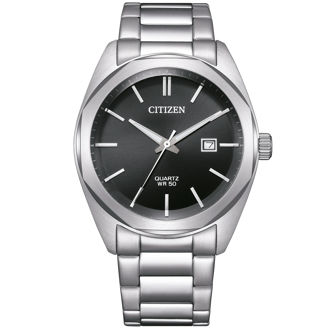 Citizen-Uhr mit schwarzem Zifferblatt und silbernem Armband, elegantes Design.