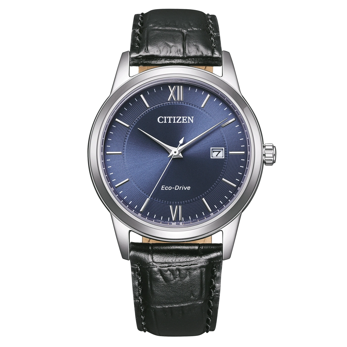 Citizen-Uhr mit blauem Zifferblatt und schwarzem Lederarmband, elegantes Design