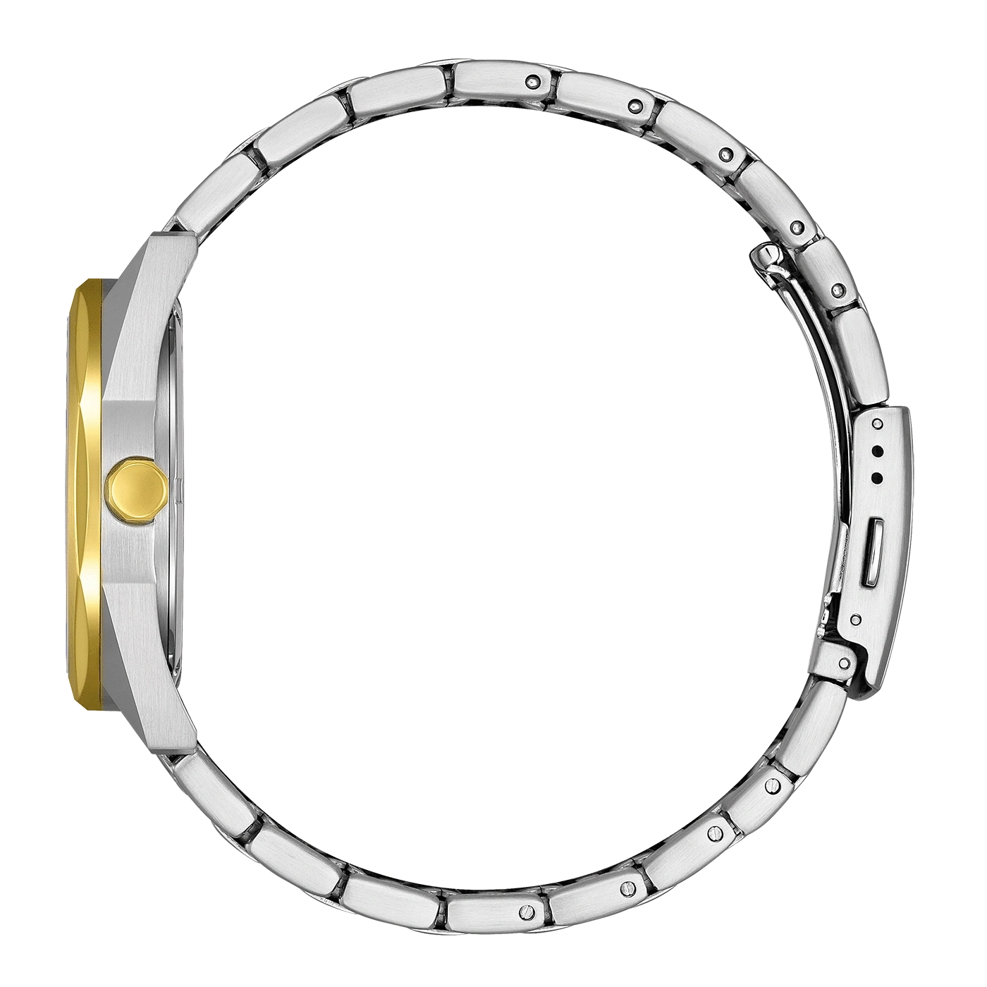 Seitenansicht einer silbernen Uhr mit goldenem Zifferblatt und Armband.