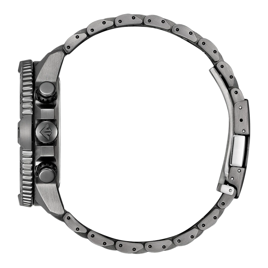 Seitenansicht einer dunkelgrauen Uhr mit Metallarmband.