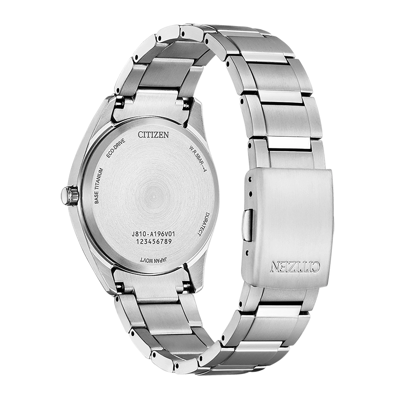 Citizen-Uhrrückseite mit Details: Titan, Eco-Drive und Modellnummer.