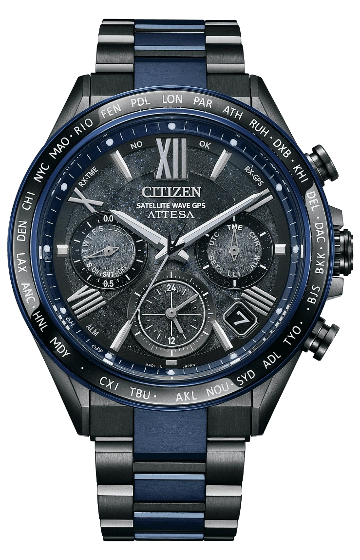 Citizen Attesa Uhr mit blauem und schwarzem Design, Satellitenwellen-GPS.