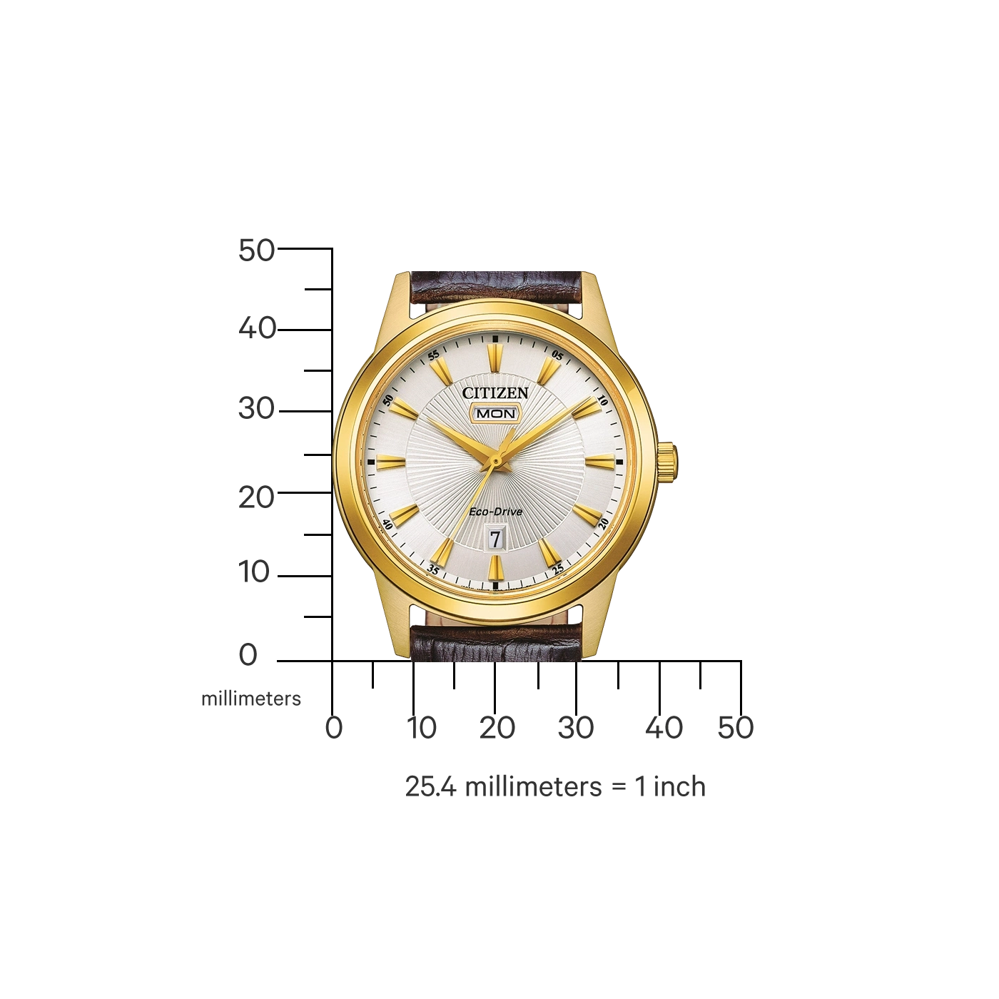 Goldene Citizen-Uhr mit weißem Zifferblatt und braunem Lederarmband.