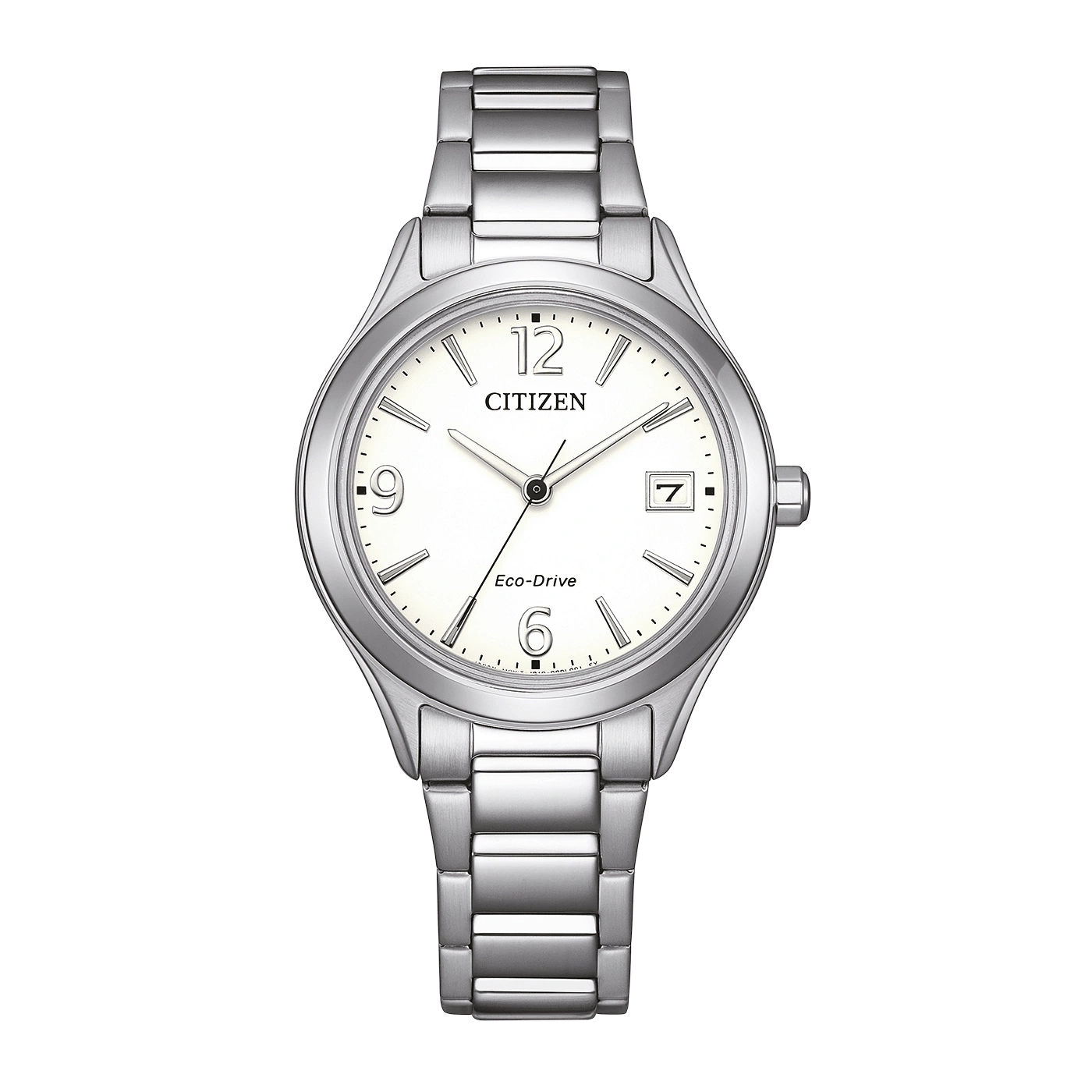 Eine Citizen Eco-Drive Uhr mit weißem Zifferblatt und silbernem Armband.