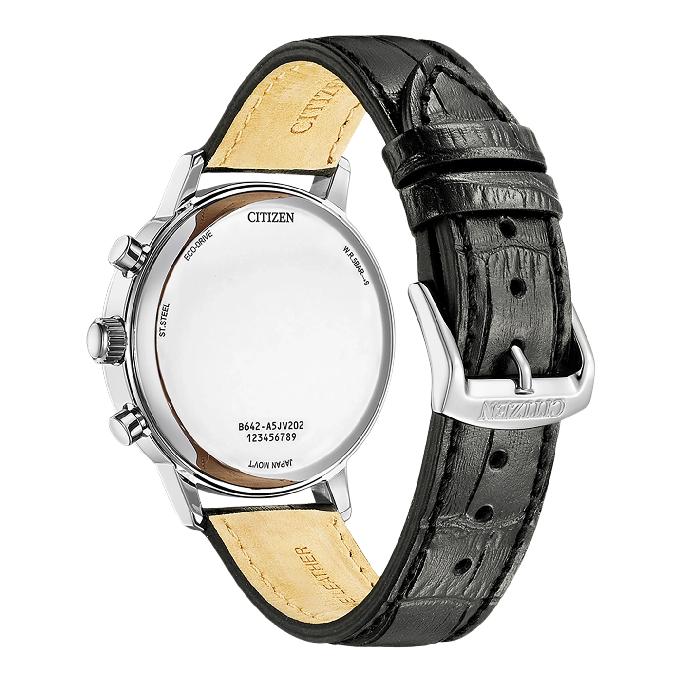 Citizen-Uhr mit schwarzem Lederarmband, Edelstahl, Eco-Drive, Japan Movt.