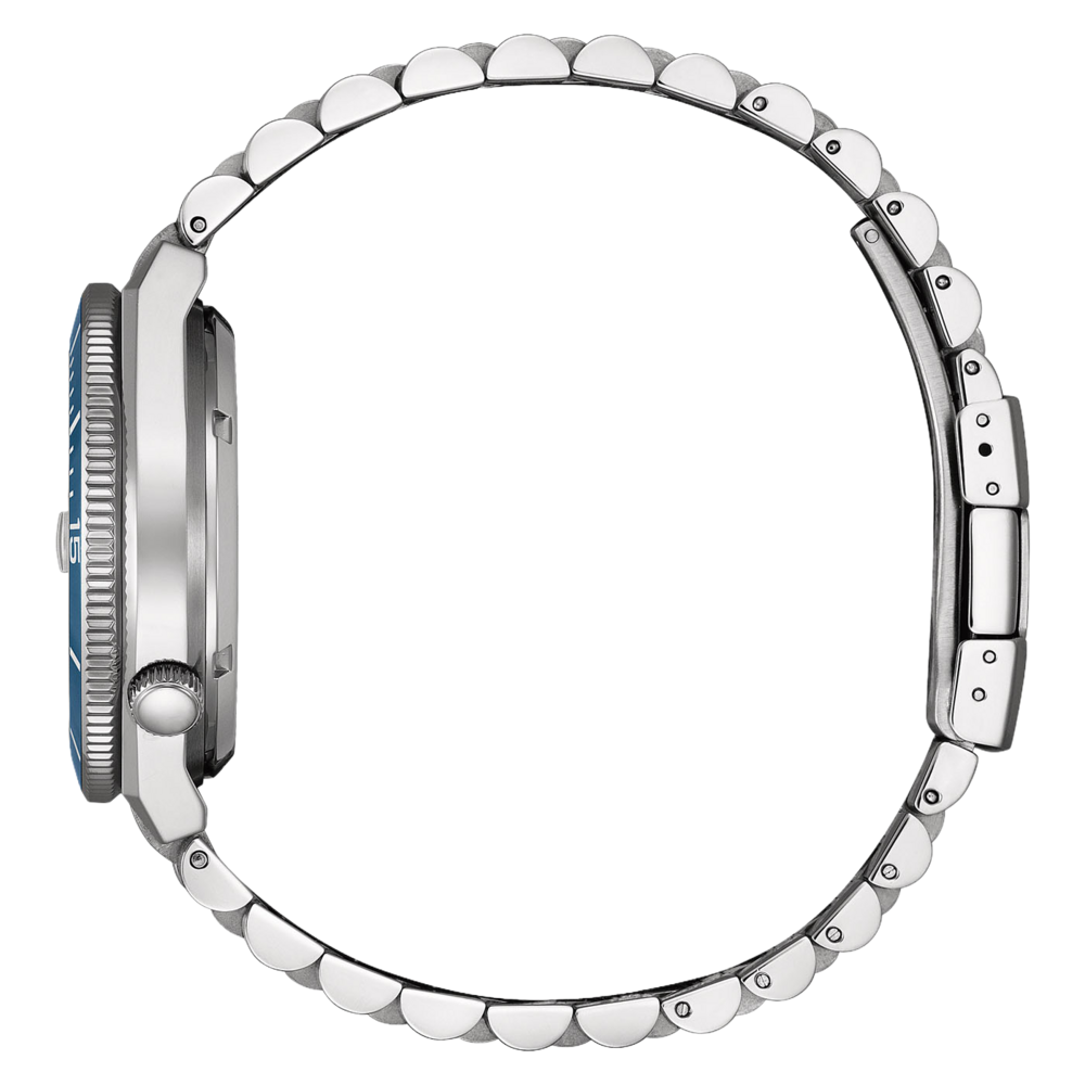 Seitenansicht einer silbernen Uhr mit blauem Zifferblatt und Metallarmband.