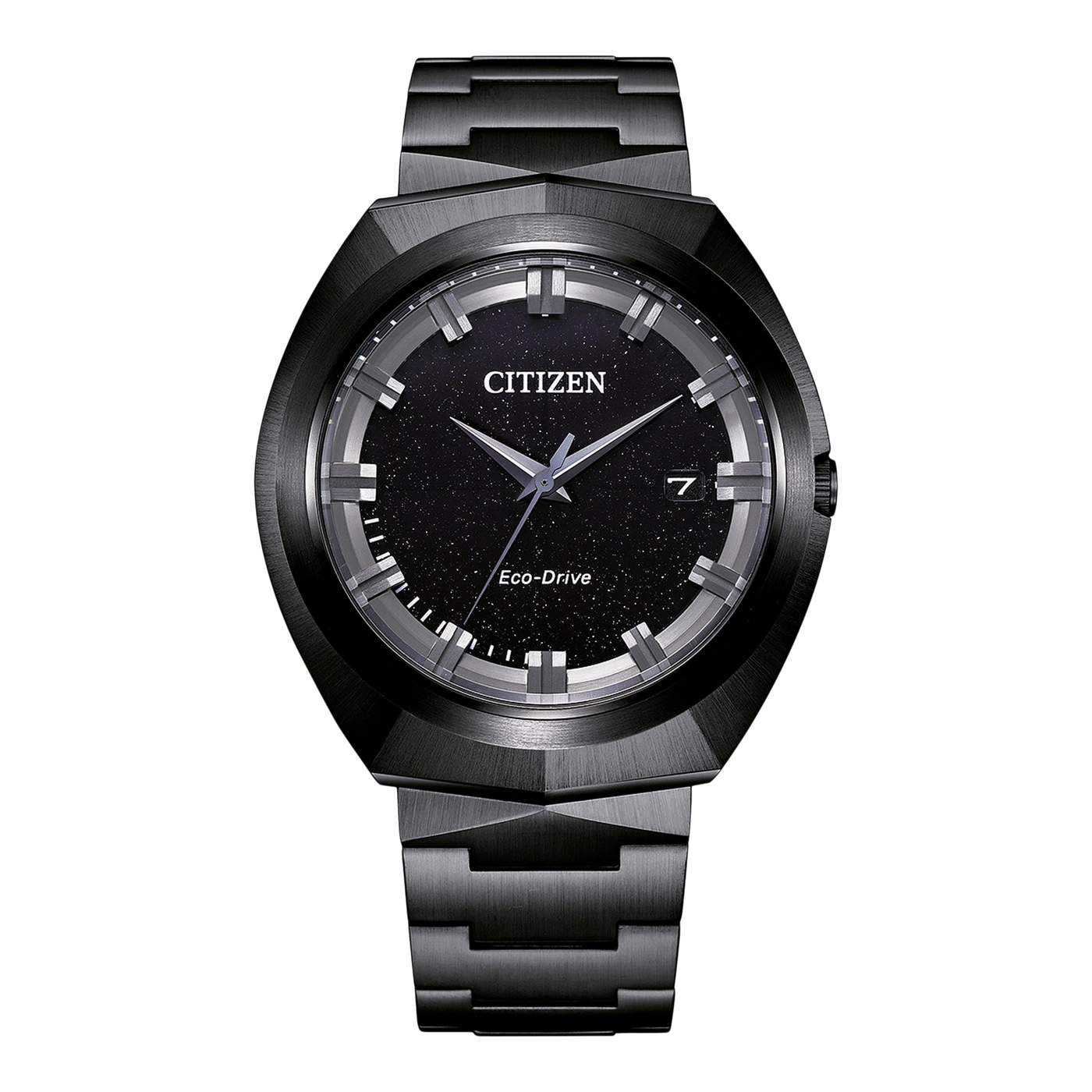 Schwarze Citizen-Uhr mit sternförmigem Zifferblatt und Datumsanzeige.