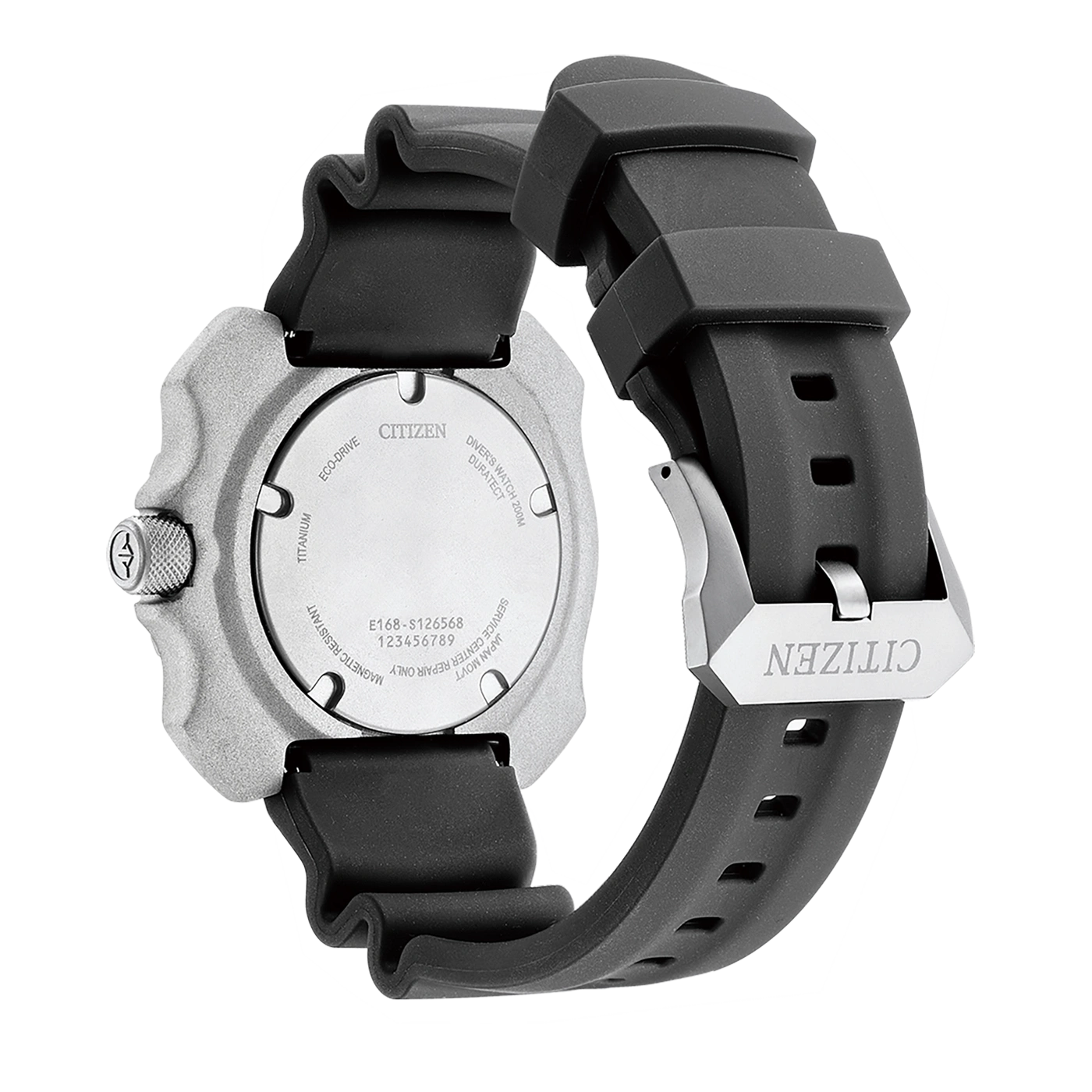 Citizen-Uhr, Rückseite, Titan, Eco-Drive, Taucheruhr, schwarzes Armband, Metallschnalle.