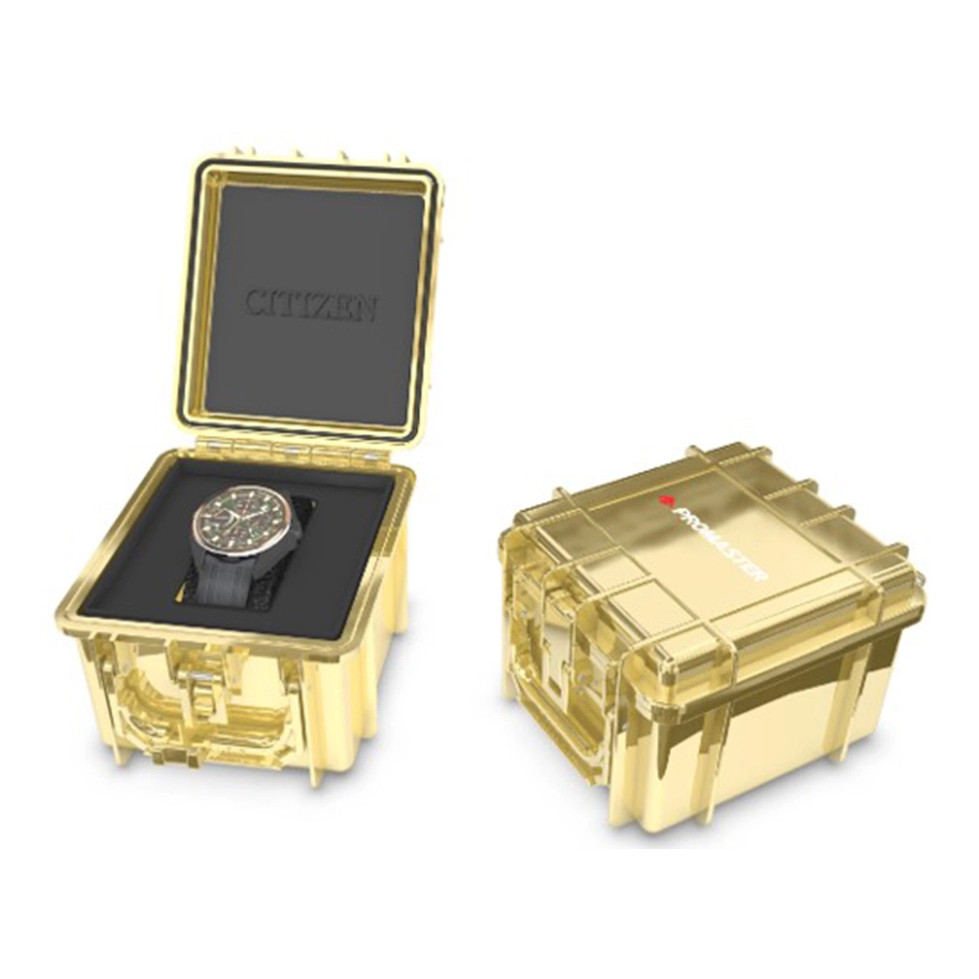 Ein goldener Citizen Promaster Uhrenkoffer, geöffnet mit Uhr und geschlossen.