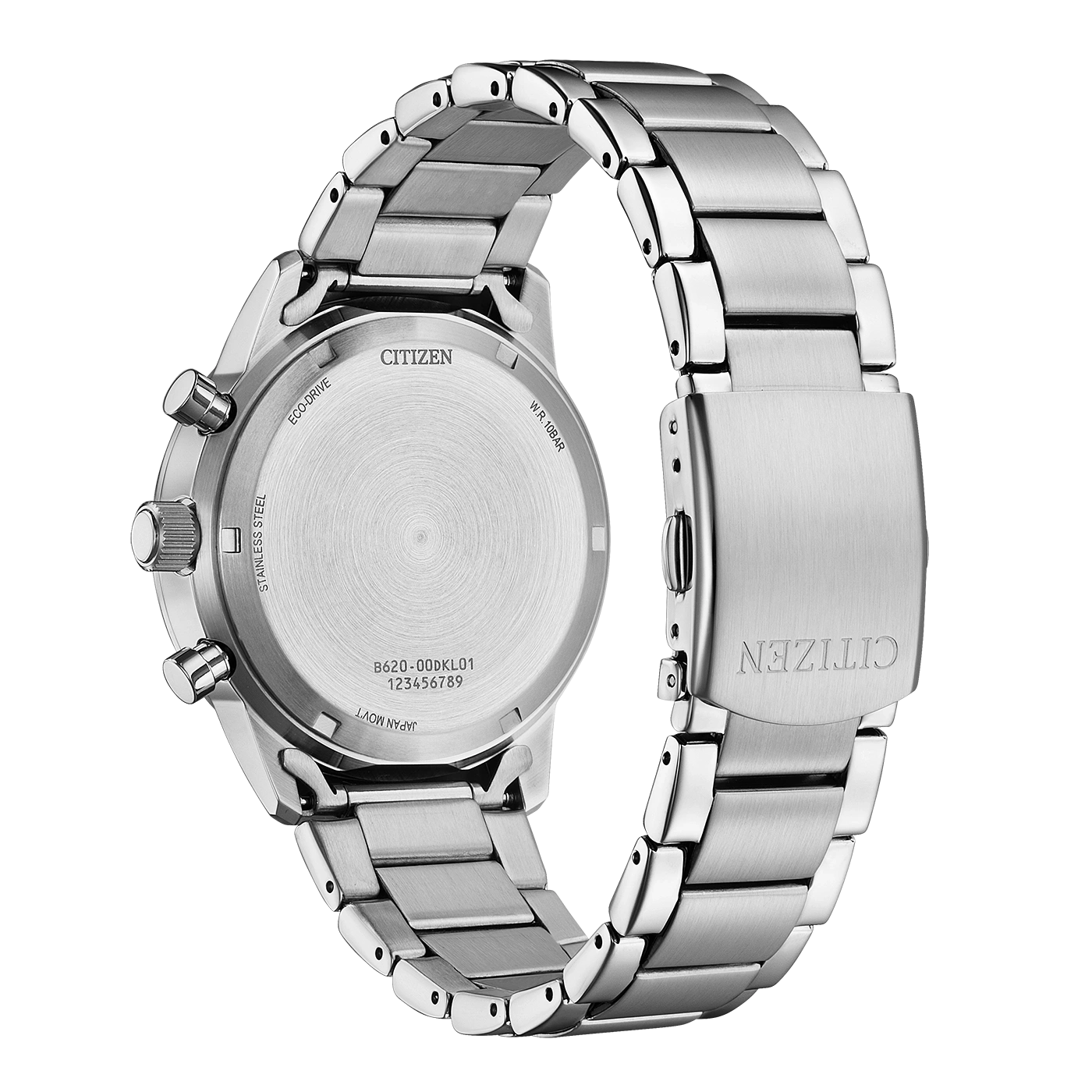 Rückseite einer silbernen Citizen Eco-Drive Uhr mit Modellnummer B620-00DKL01.
