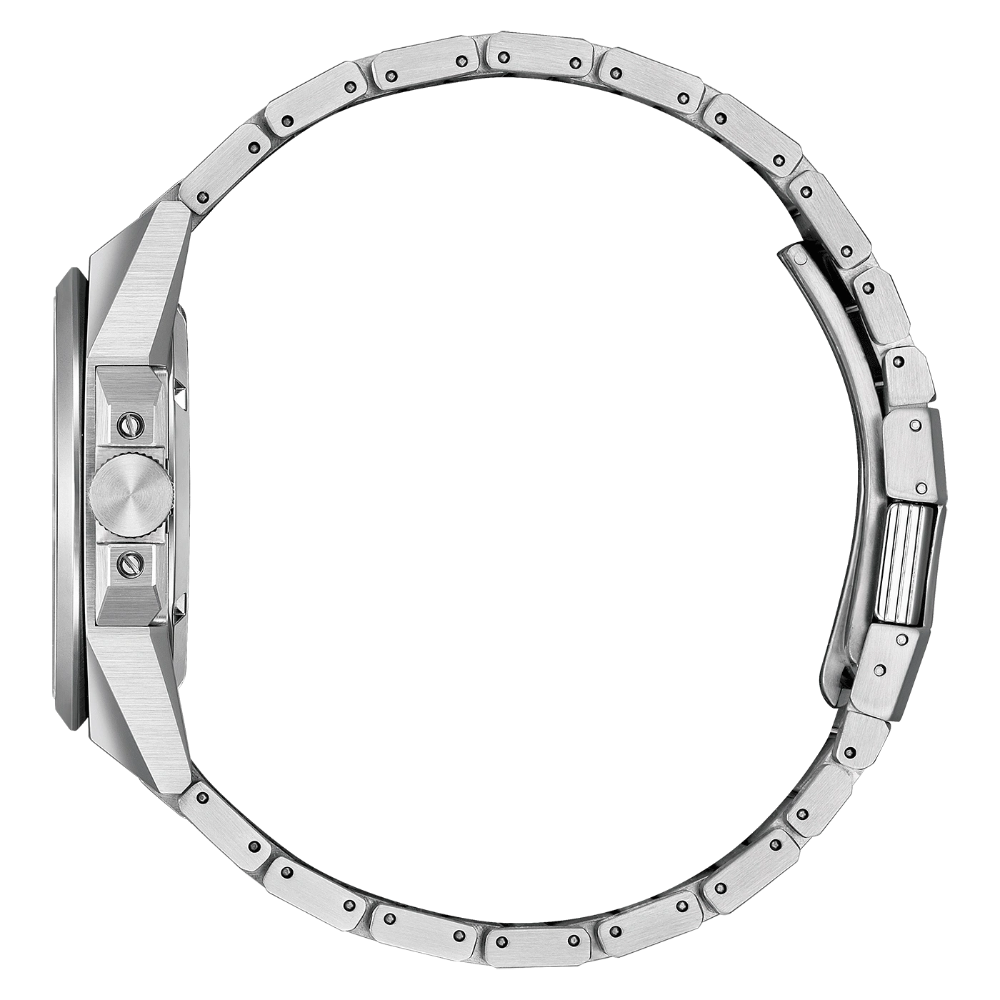 Seitenansicht einer silbernen Uhr mit Metallarmband, elegantes Design.