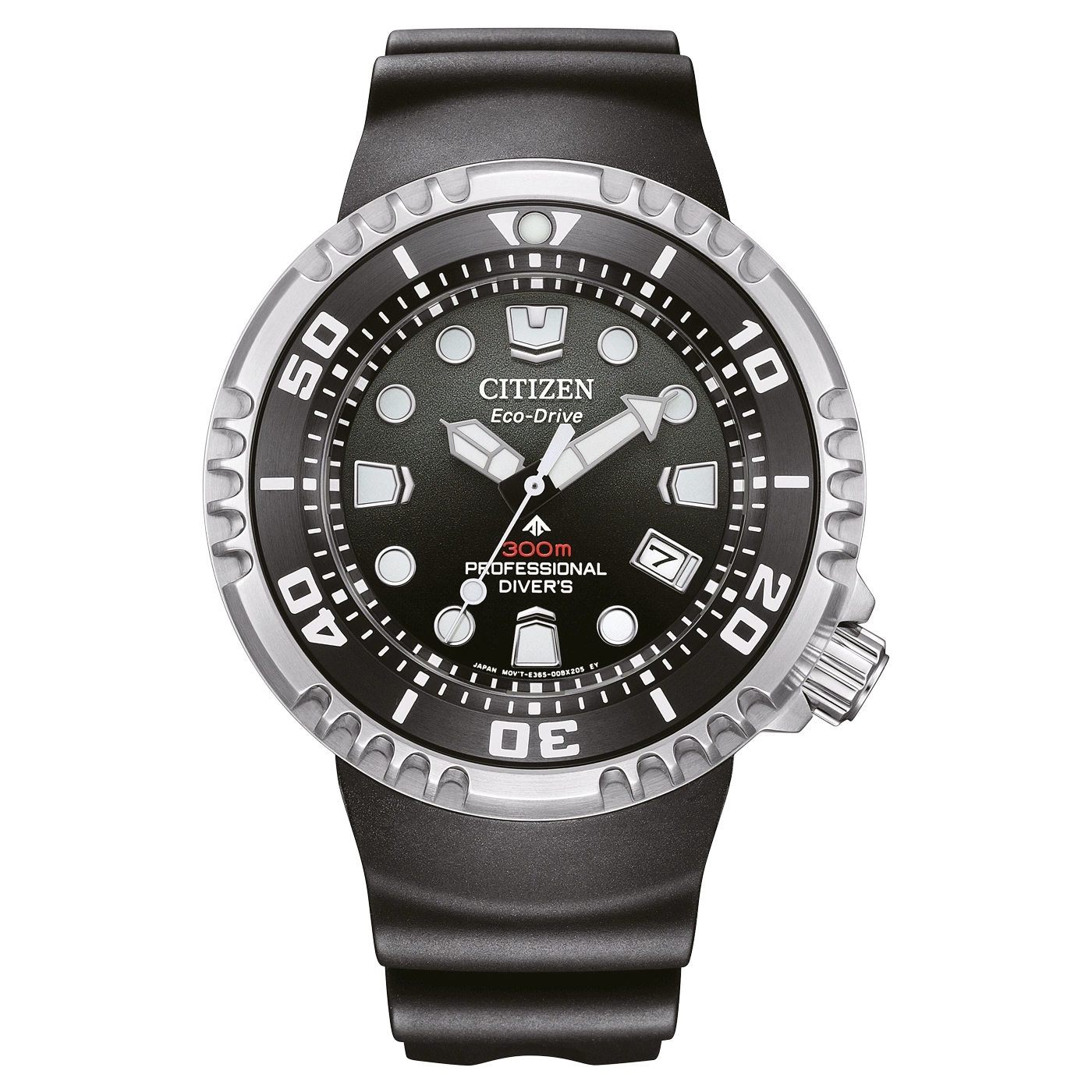 Citizen Eco-Drive Uhr mit schwarzem Zifferblatt und Lünette, silbernen Akzenten und schwarzem Armband.