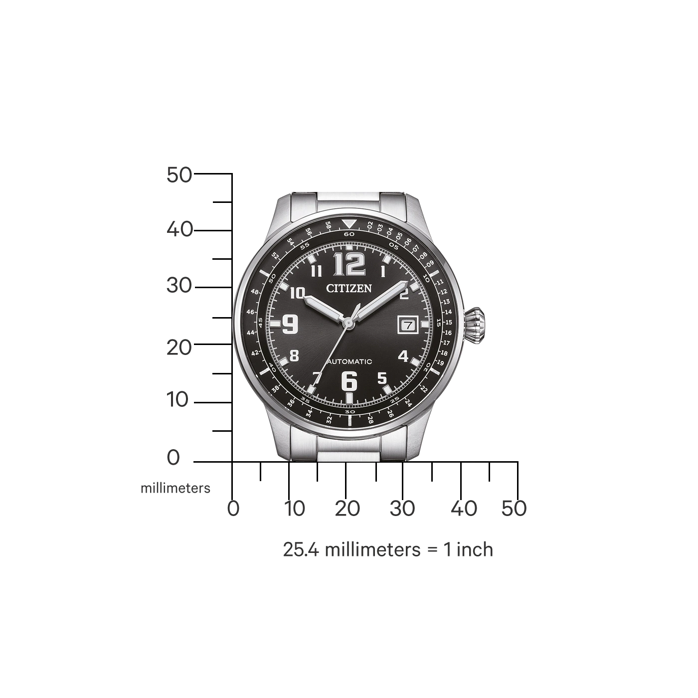 Citizen-Uhr mit schwarzem Zifferblatt, Automatik und Millimeterskala zum Größenvergleich.