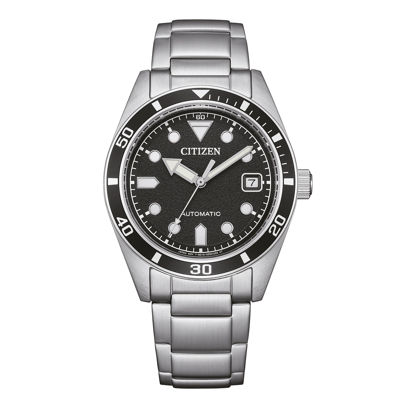Eine Citizen Automatik-Taucheruhr mit schwarzem Zifferblatt und Edelstahlarmband.