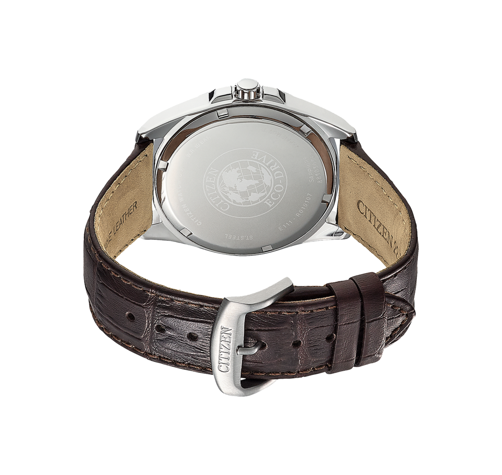 Citizen-Uhrrückseite mit Lederarmband, Stahl und Eco-Drive-Technologie.