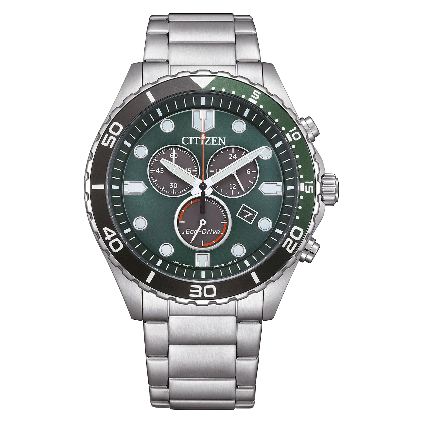 Citizen-Uhr mit grünem Zifferblatt und silbernem Armband, Eco-Drive-Technologie.