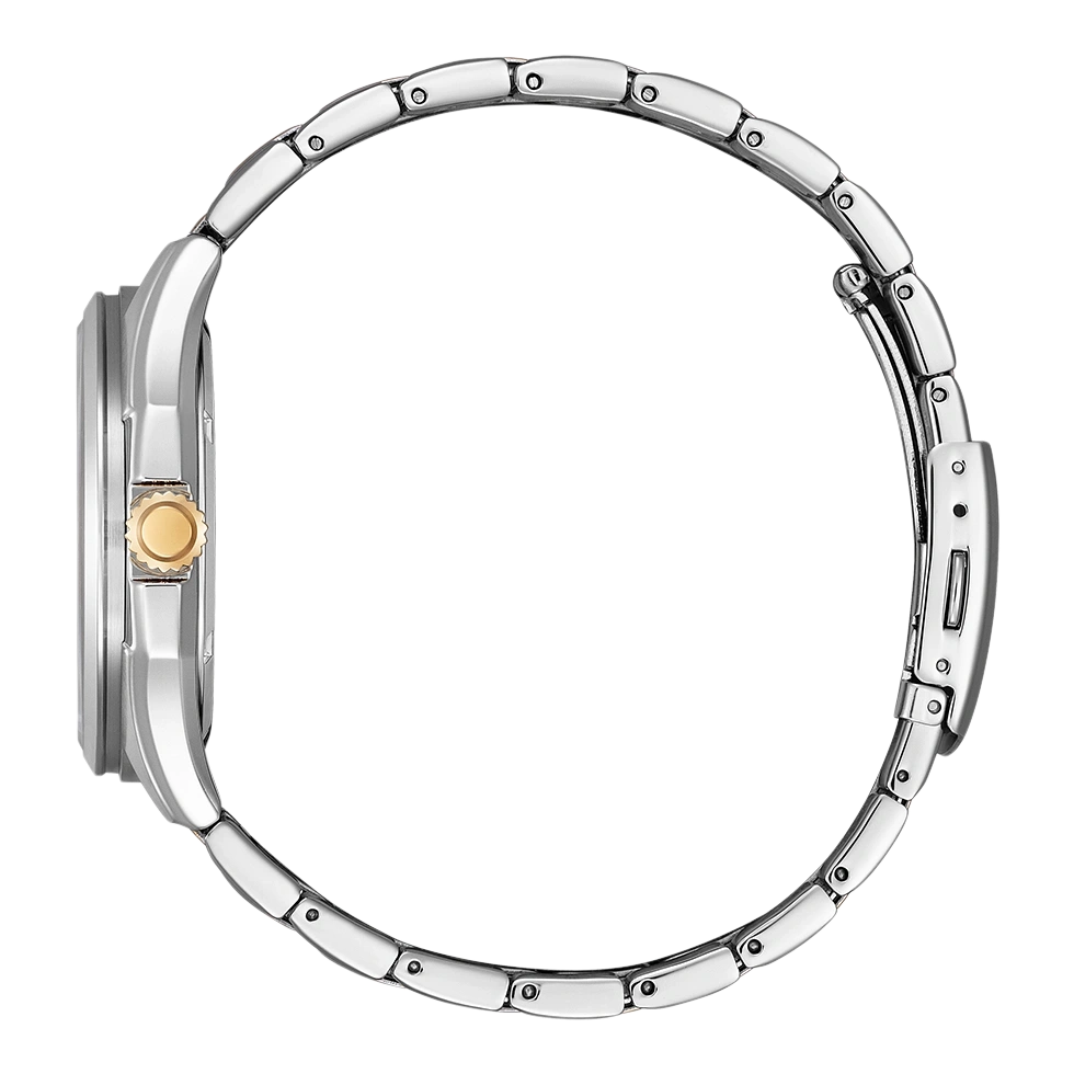 Silberne Uhr mit goldener Krone und silbernem Armband, Seitenansicht, elegantes Design