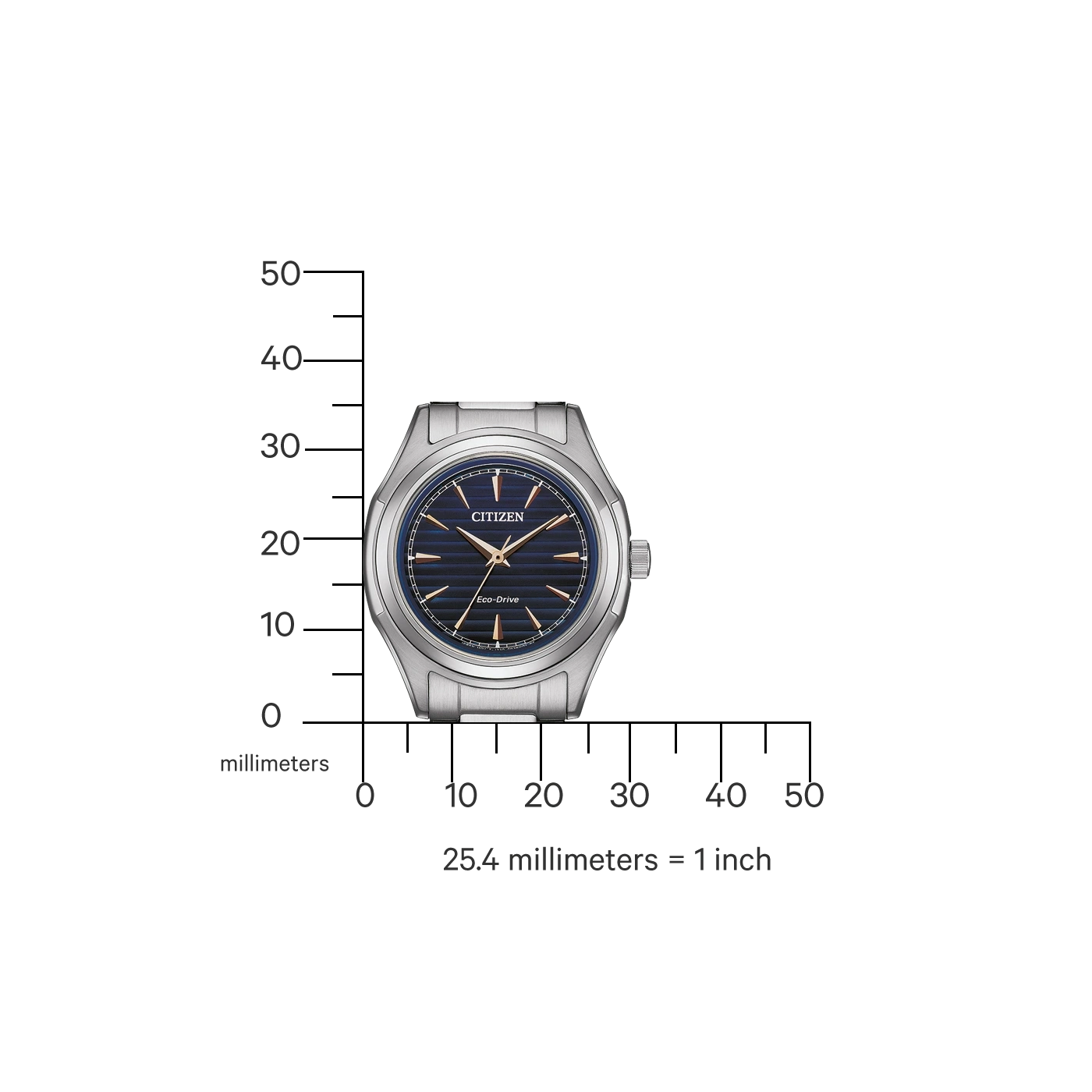 Citizen-Uhr mit blauem Zifferblatt und silbernem Armband, mit Millimeterskala.