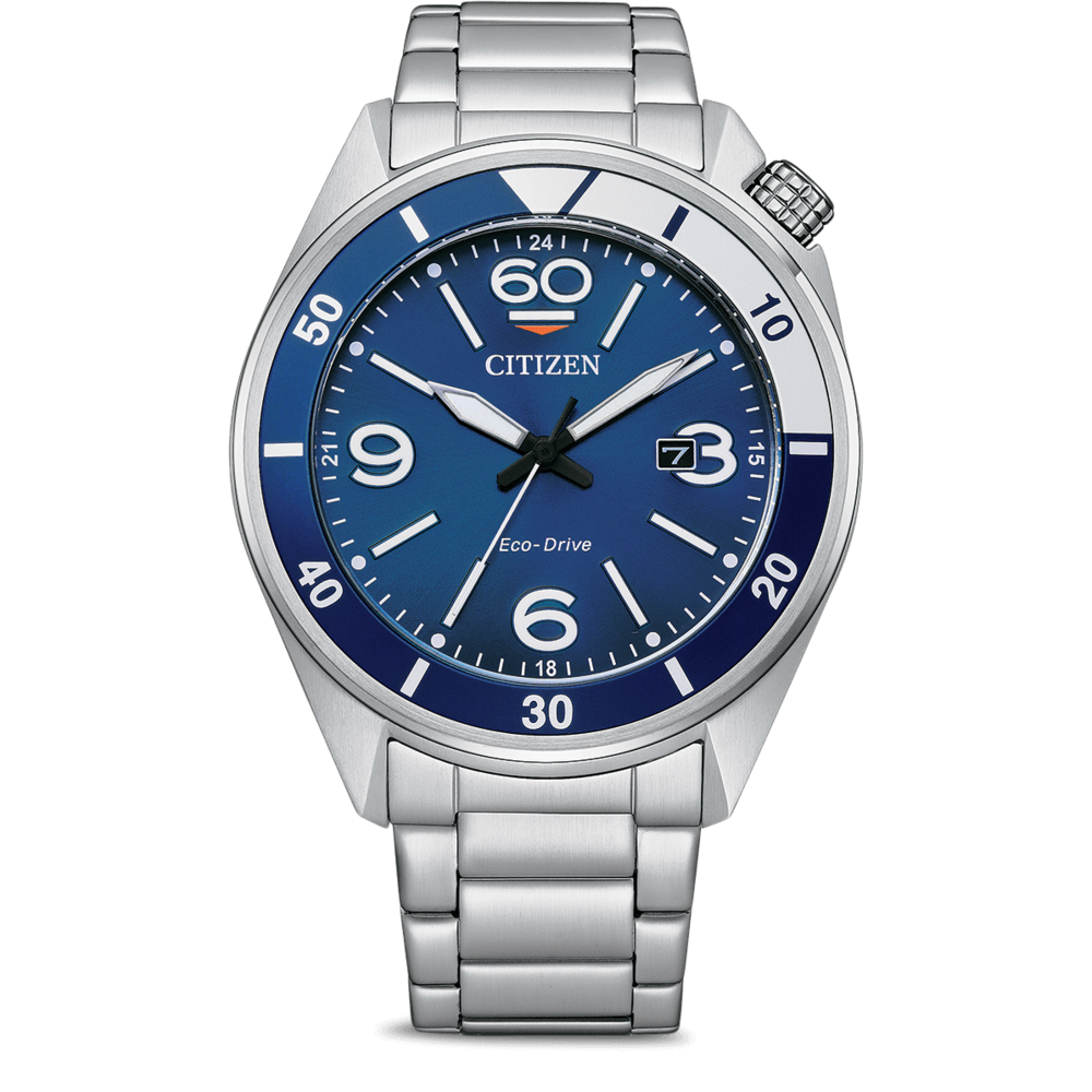 Citizen-Uhr mit blauem Zifferblatt, silbernem Armband und Datumsanzeige. Eco-Drive-Technologie.