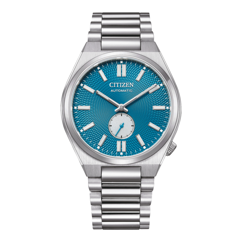 Citizen Automatikuhr mit blauem Zifferblatt und silbernem Armband.