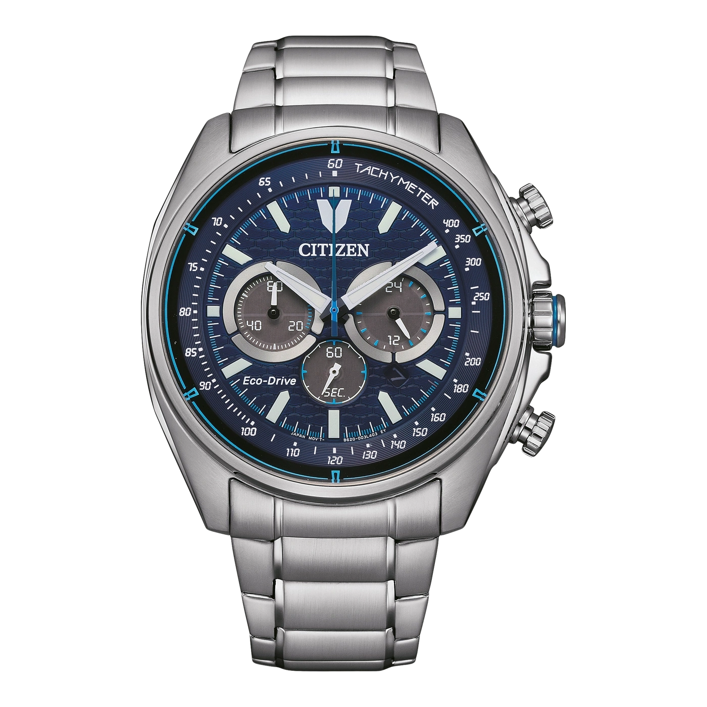Citizen-Uhr mit blauem Zifferblatt, Tachymeter und Chronographenfunktionen.