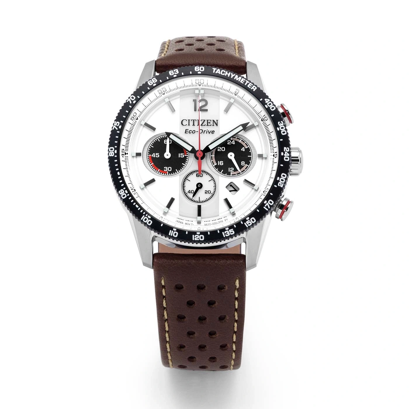 Eine weiße Citizen Eco-Drive Chronographenuhr mit braunem Lederarmband.