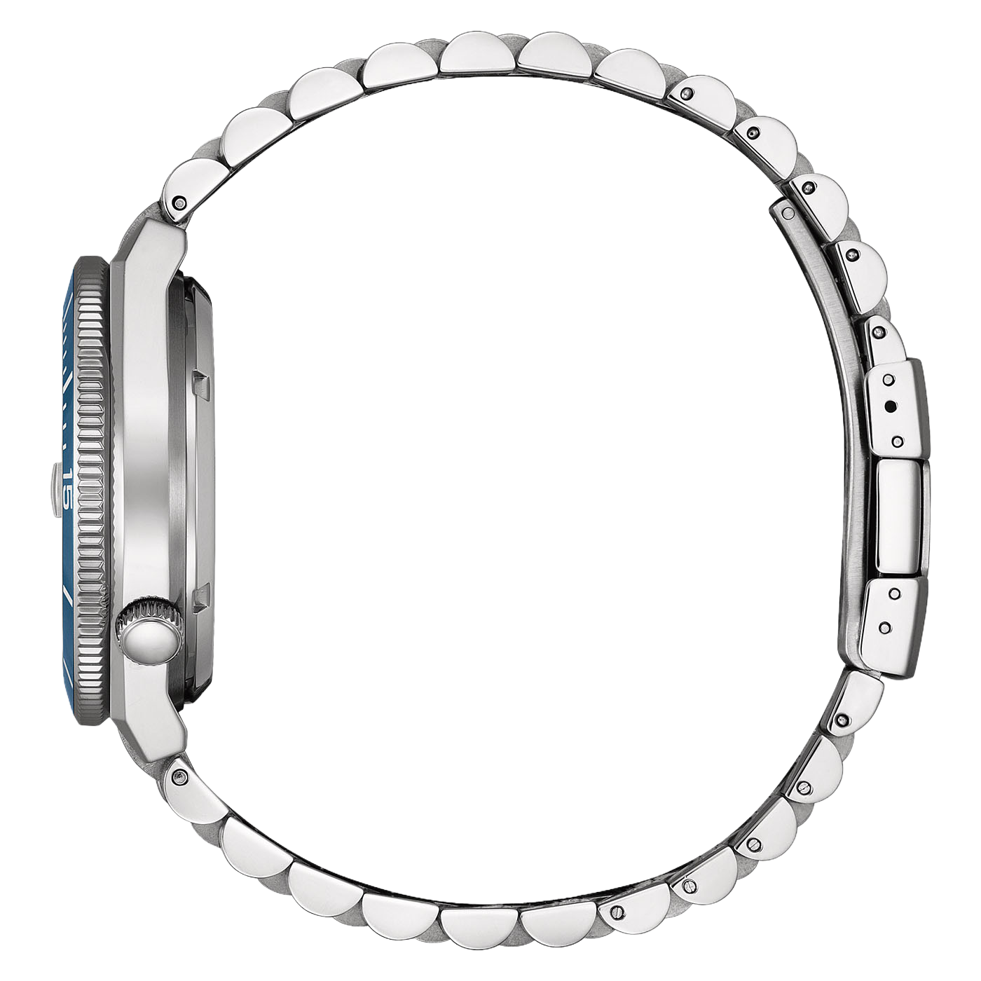Seitenansicht einer silbernen Uhr mit blauem Zifferblatt und Metallarmband.