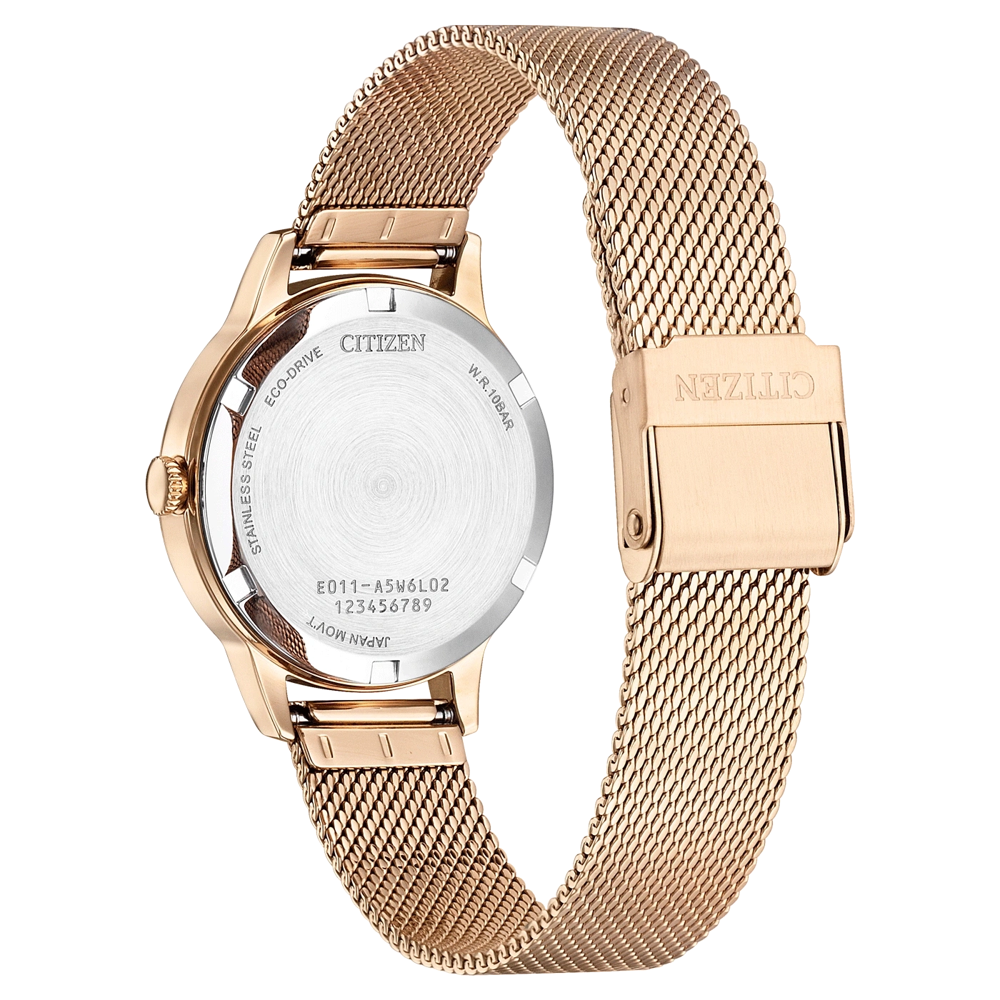 Citizen-Uhrrückseite, Roségold, Edelstahl, Eco-Drive, W.R.10BAR, Japan Mov't