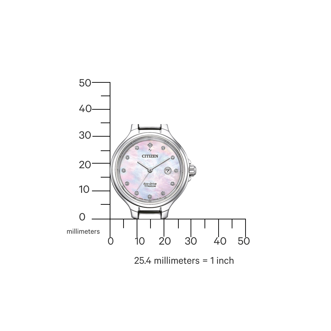Citizen-Uhr mit Perlmuttzifferblatt und Diamantakzenten, gemessen in Millimetern.