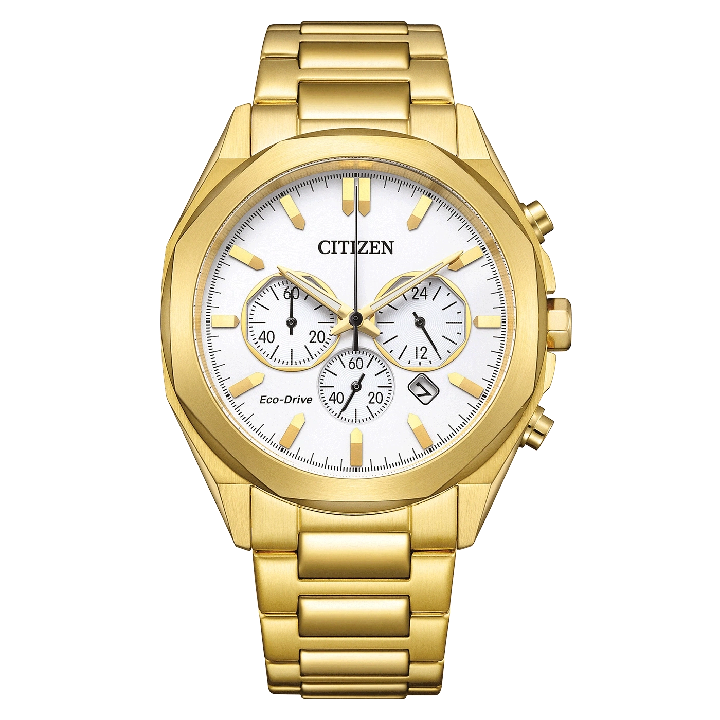 Goldene Citizen-Uhr mit weißem Zifferblatt und Chronographenfunktionen, Eco-Drive.