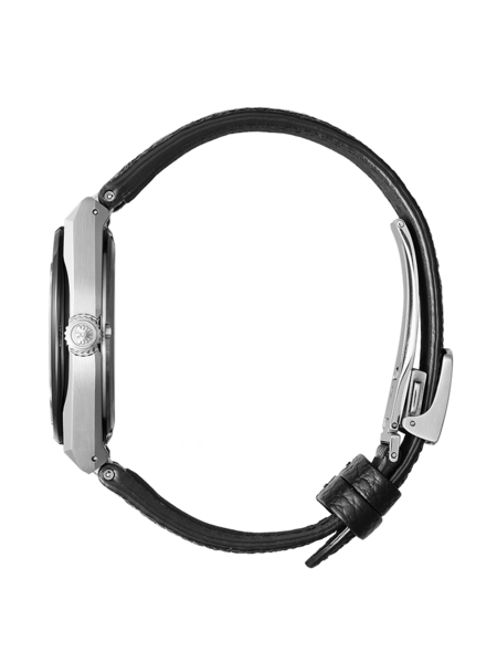 This side-profile image shows a Citizen watch with a silver-toned case, textured crown, and black leather strap with a deployment clasp, on a grey background.