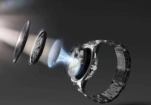 Explodierte Ansicht einer Smartwatch, die interne Komponenten und Design zeigt.