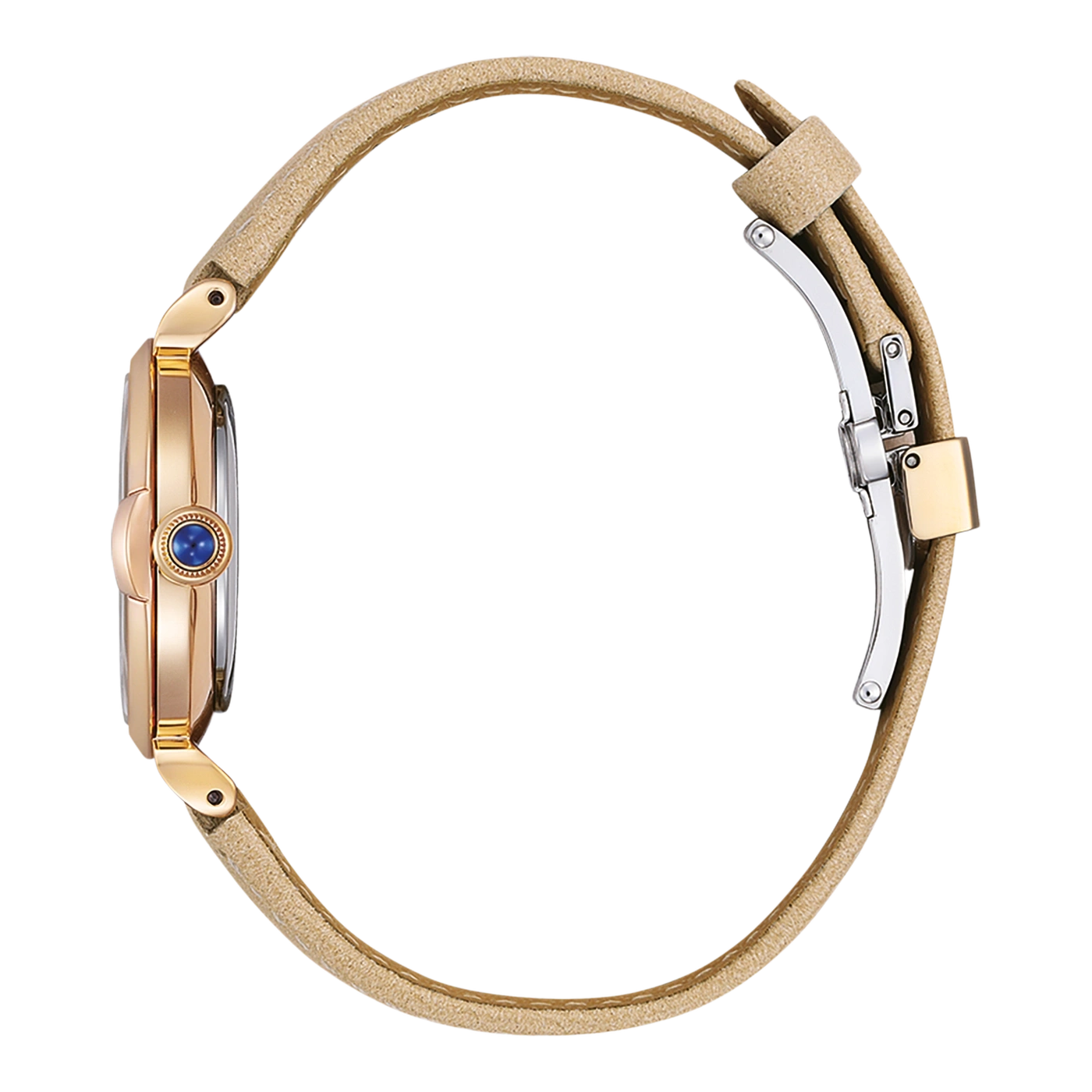 Roségoldene Uhr mit blauem Edelstein und beigem Armband, Seitenansicht.