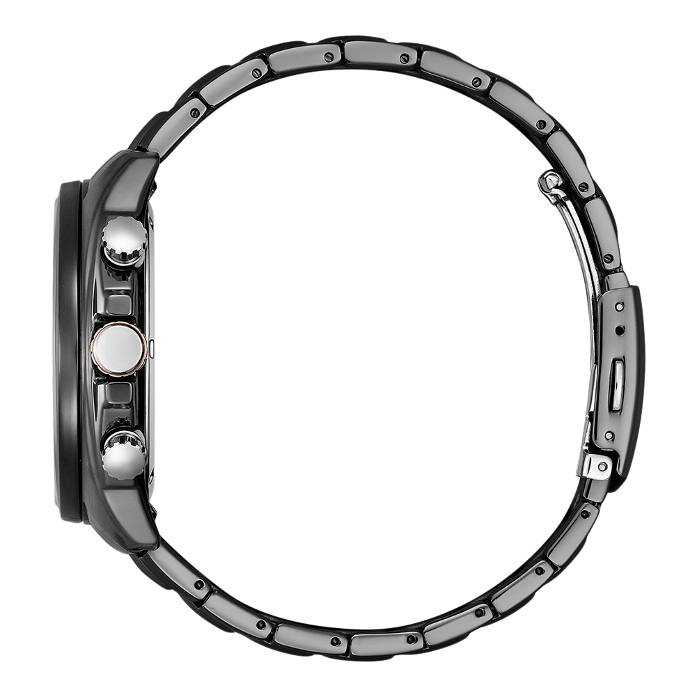 Seitenansicht einer schwarzen Uhr mit metallischem Armband und Knöpfen.