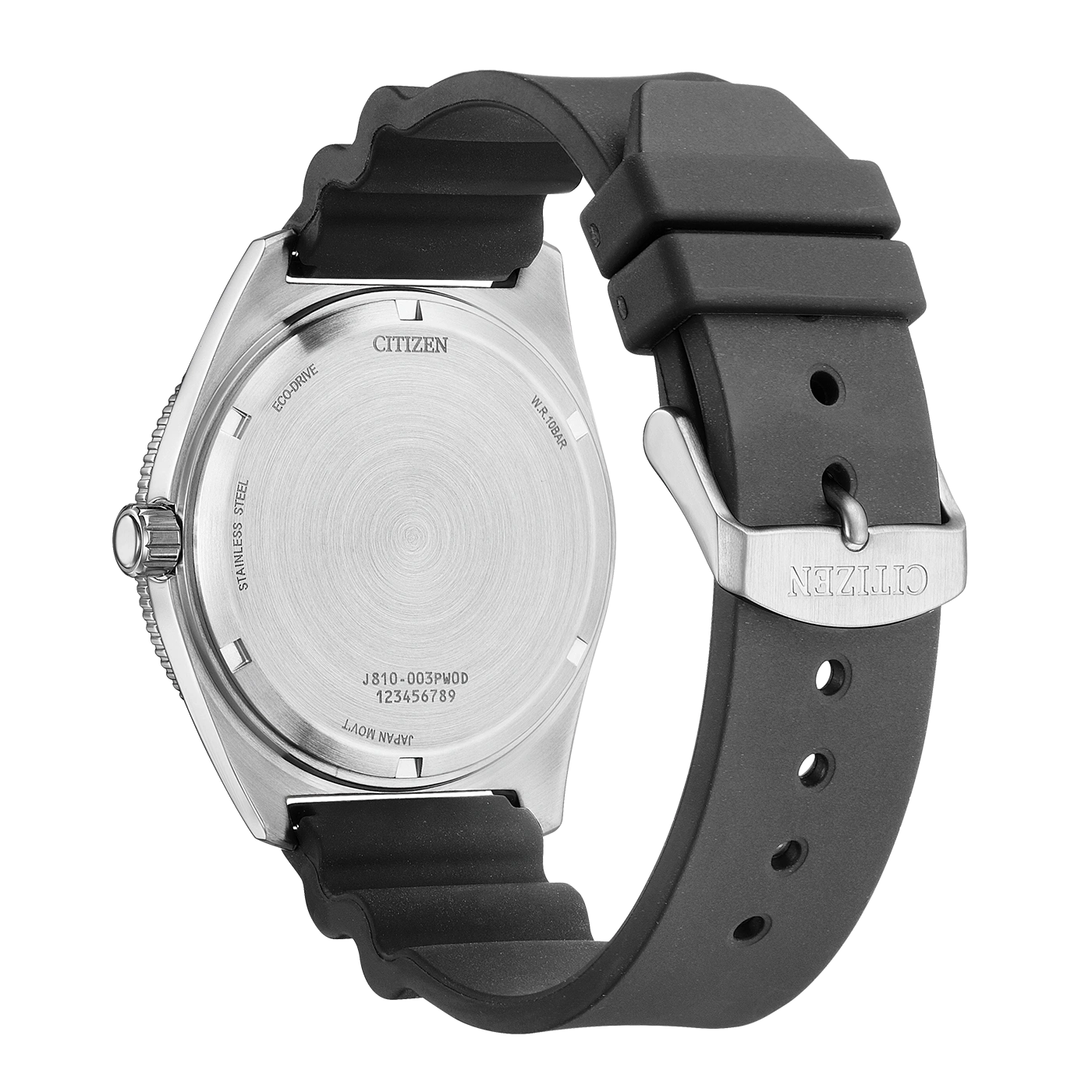 Rückseite einer Citizen Eco-Drive Uhr mit schwarzem Kautschukarmband.