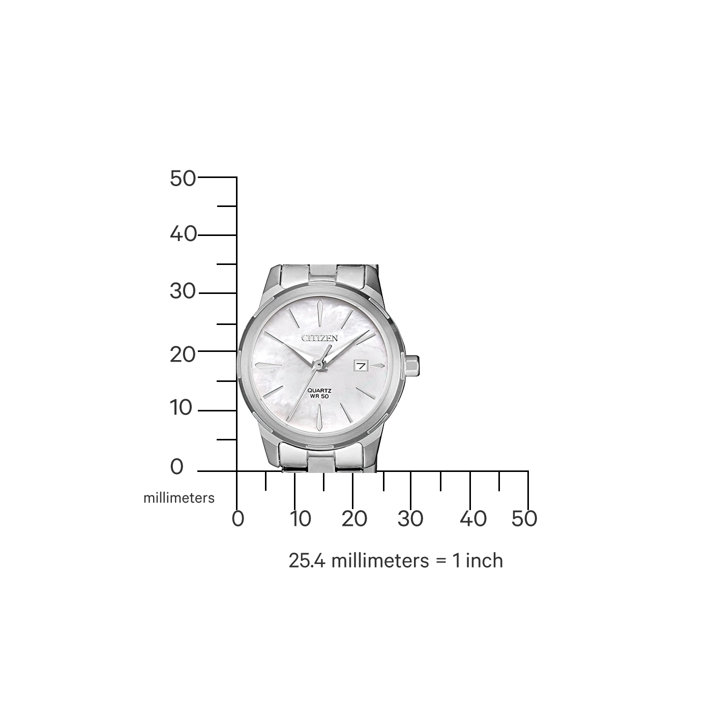 Citizen-Uhr mit weißem Zifferblatt und silbernem Armband, mit einer Millimeterskala.