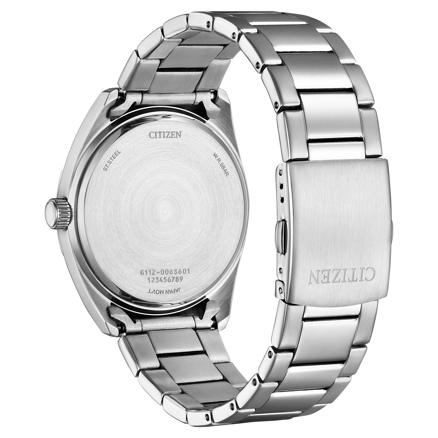 Citizen-Uhrrückseite, Edelstahl, silber, mit Markennamen und Details.