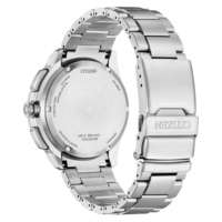 Rückansicht einer gebürsteten Citizen Eco-Drive-Uhr aus Edelstahl.