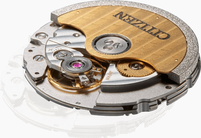 Nahaufnahme eines Citizen-Uhrwerks, das komplizierte Details und Zahnräder zeigt.