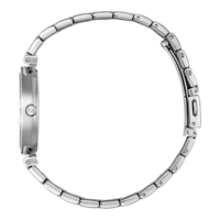Silberne Uhr mit rundem Zifferblatt und filigranem Armband, Seitenansicht.