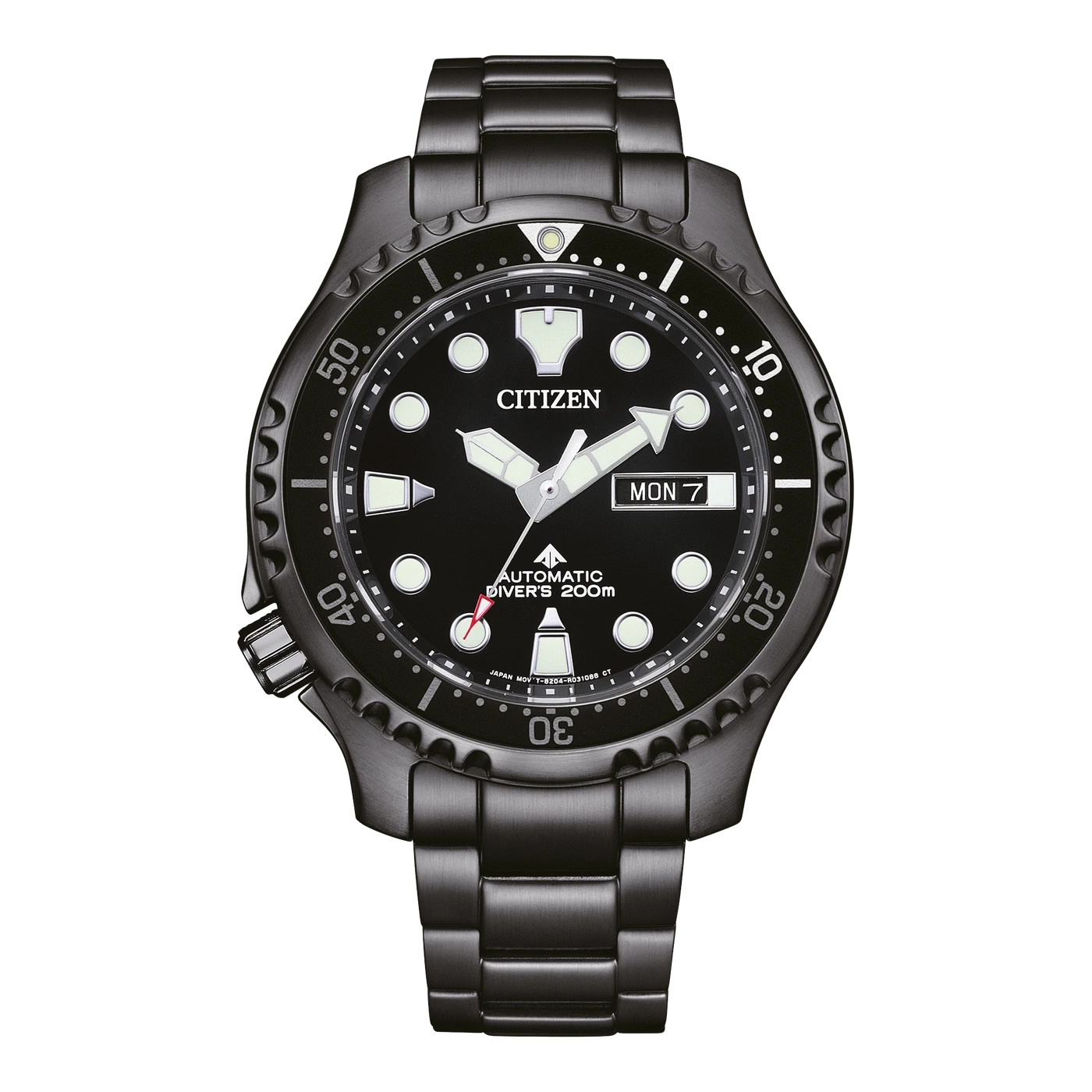 Schwarze Citizen-Uhr mit schwarzem Zifferblatt und Tages- und Datumsanzeige.