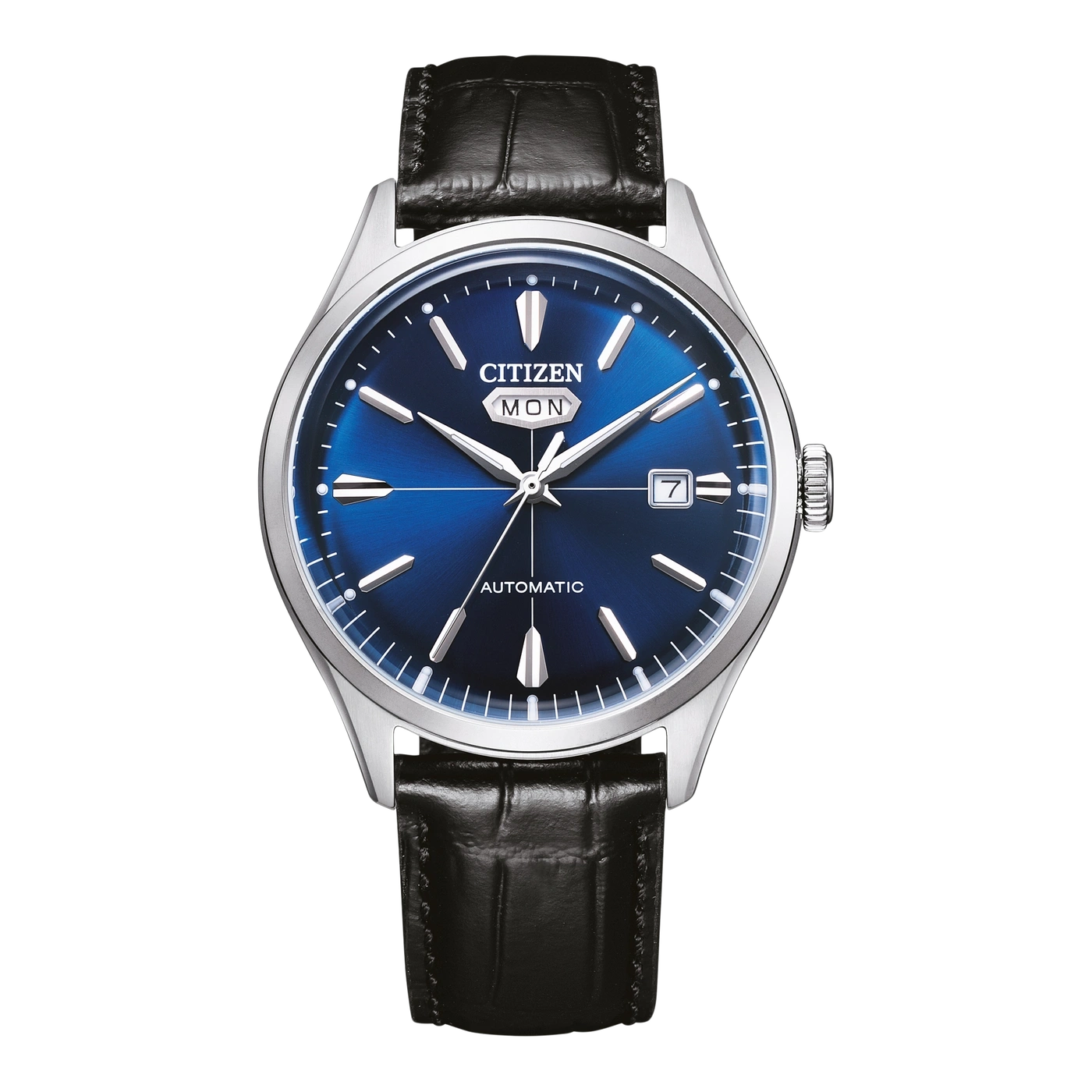 Citizen-Uhr mit blauem Zifferblatt und schwarzem Lederarmband, Automatikwerk.